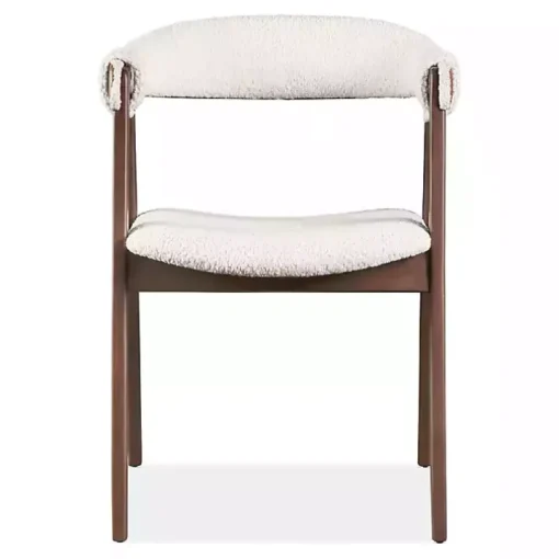 White Boucle Wood Penny Dining Chairs, Set of 2
