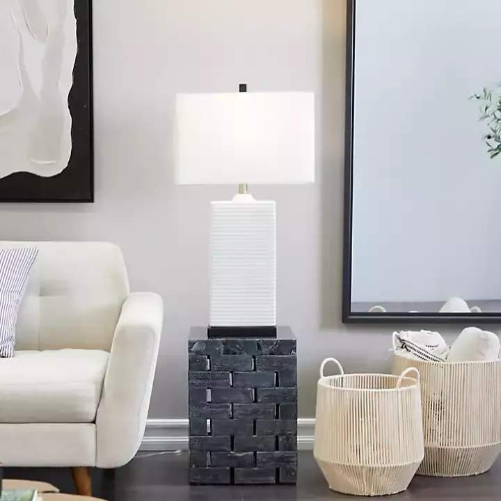 White Ceramic Fluted Rectangular Table Lamp