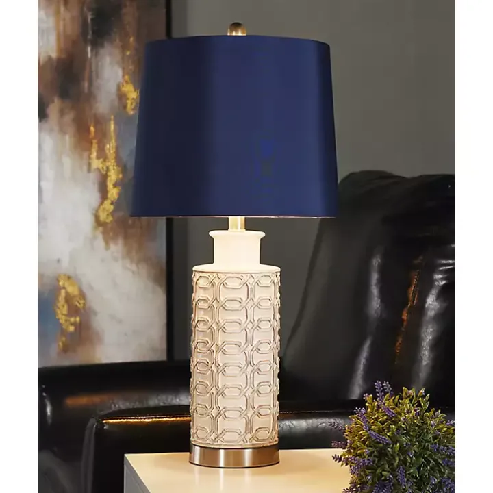 White Ceramic Geometric Table Lamp with Blue Shade