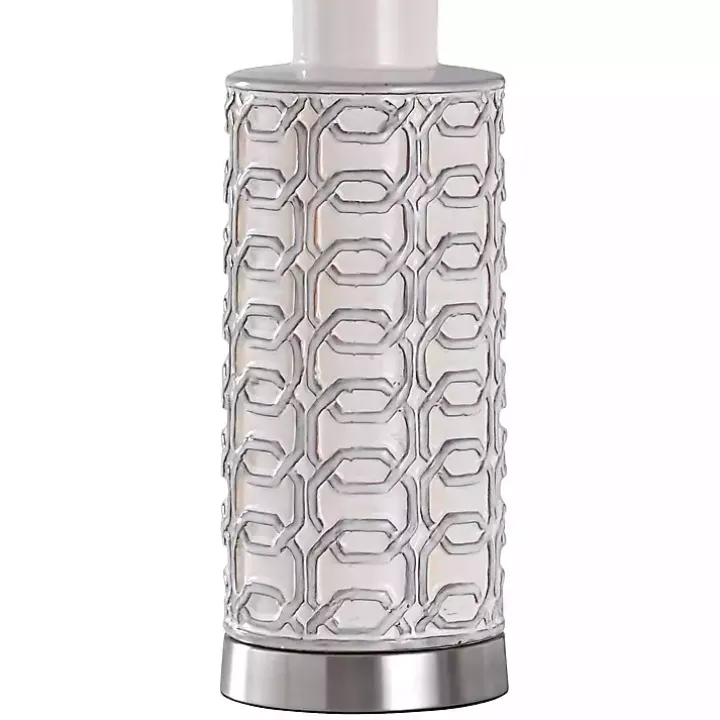 White Ceramic Geometric Table Lamp with Blue Shade