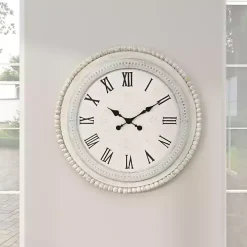 White Distressed Wood Round Beaded Wall Clock