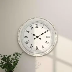 White Distressed Wood Round Beaded Wall Clock