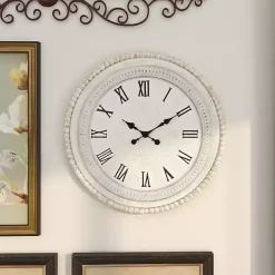 White Distressed Wood Round Beaded Wall Clock