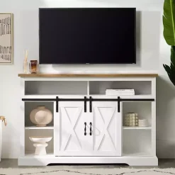 White Highboy Sliding Barn Door Media Cabinet