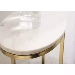 White Marble and Gold Oval C-Shape Accent Table