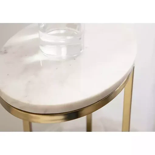 White Marble and Gold Oval C-Shape Accent Table
