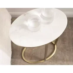 White Marble and Gold Oval C-Shape Accent Table