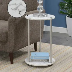 White Marble Two Tiered Metal Accent Table
