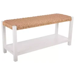 White Newport Wood and Rattan Bench with Shelf