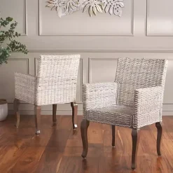 White Rattan Curved Legs Dining Chairs, Set of 2