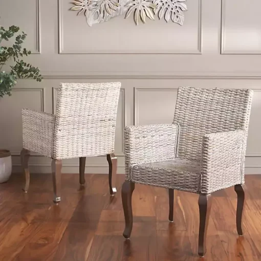 White Rattan Curved Legs Dining Chairs, Set of 2