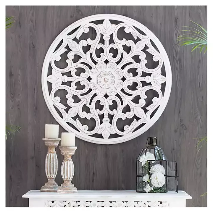 White Round Medallion Wood Plaque