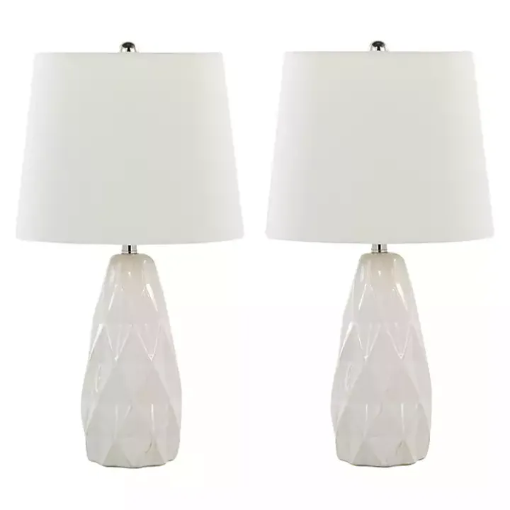 White Sculpted Diamond Table Lamps, Set of 2