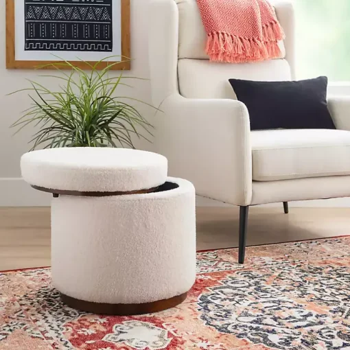 White Sherpa Upholstered Storage Ottoman