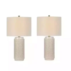 White Textured Cylinder Table Lamps, Set of 2