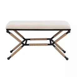 White Upholstered and Wrapped Rope Metal Bench