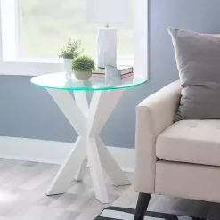 White Wood and Glass Top X-Base Accent Table