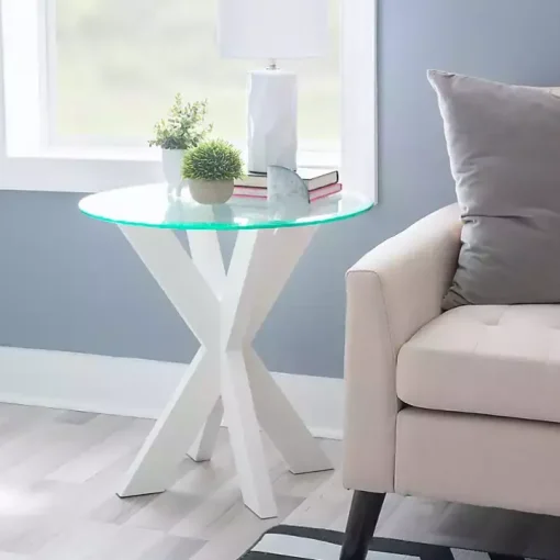 White Wood and Glass Top X-Base Accent Table