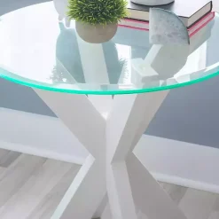 White Wood and Glass Top X-Base Accent Table