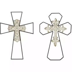 White Wood and Metal Cross Wall Plaques, Set of 2