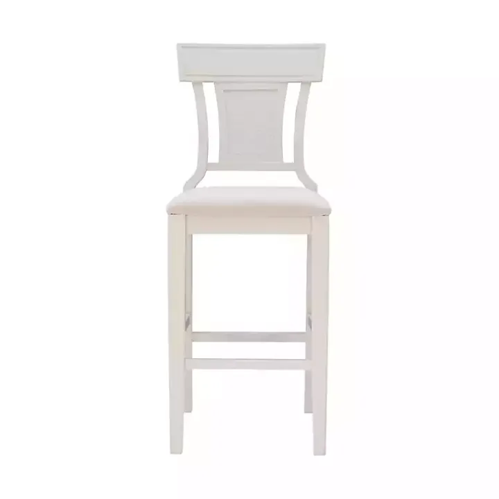 White Wood and Rattan Upholstered Bar Stool