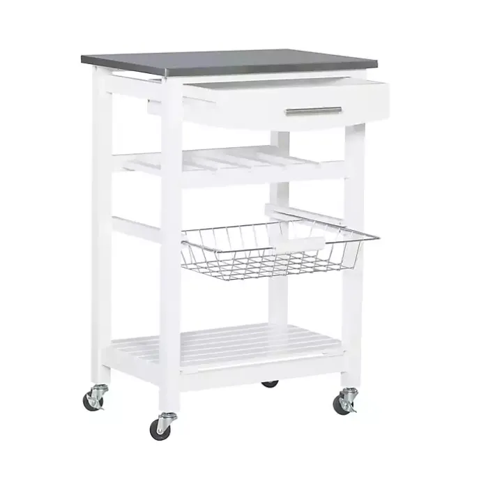 White Wood and Stainless Steel Kitchen Cart