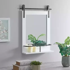 White Wood Barn Door Frame with Shelf Wall Mirror