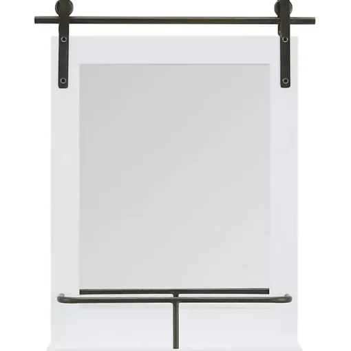 White Wood Barn Door Frame with Shelf Wall Mirror