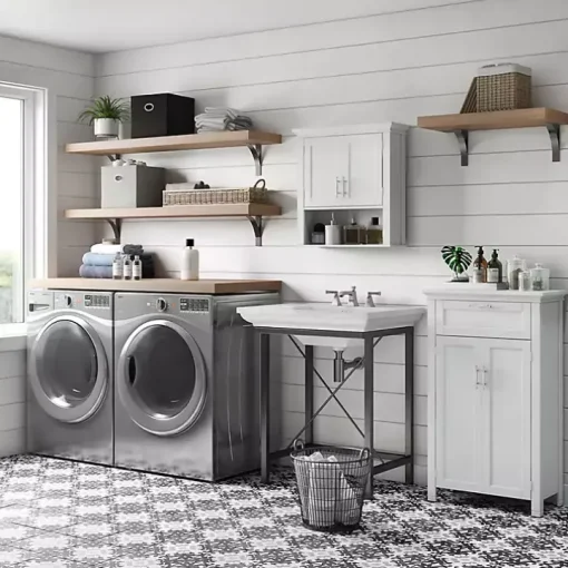 White Wood 2-Door Open Shelf Wall Cabinet