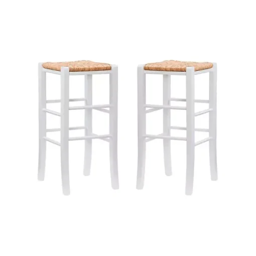 White Wood Seagrass Backless 2-pc. Bar Stool Set