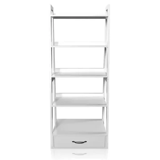 White Wood 5-Shelf Leaning Bookshelf