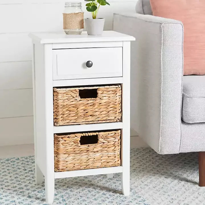 White Wood Side Table with Baskets