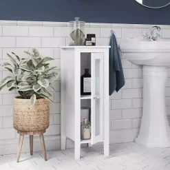 White Wood Slim Single Glass Door Floor Cabinet