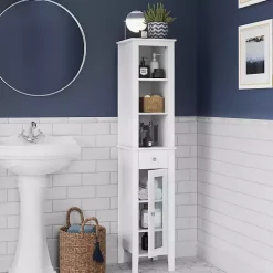 White Wood Tall Single Pane Glass Door Cabinet