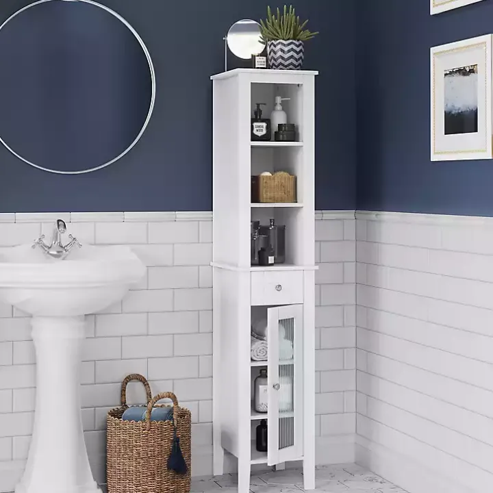 White Wood Tall Single Pane Glass Door Cabinet