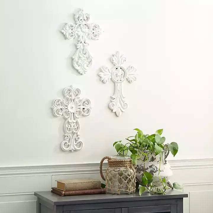 White Wood Wall Cross Wall Plaques, Set of 3