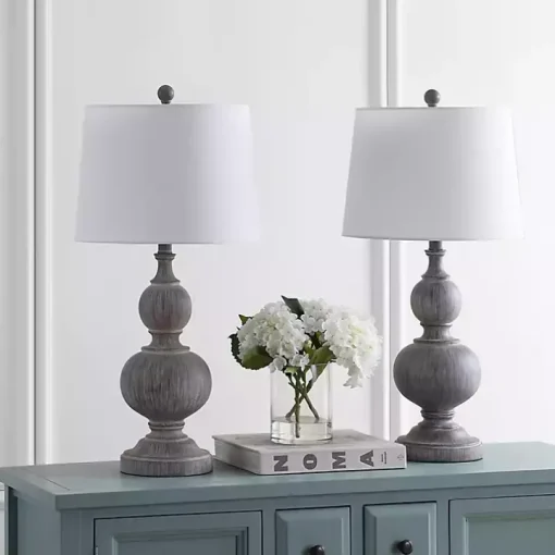 Whitewashed Brown Carved 2-pc. Table Lamp Set