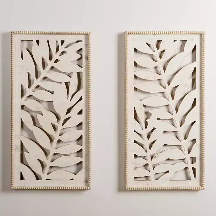 Whitewashed Wood Fern Wall Plaques, Set of 2