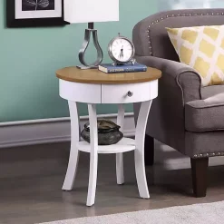 Wood & White Curved Legs Round Drawer Accent Table