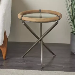 Wood and Glass Round Tripod Accent Table