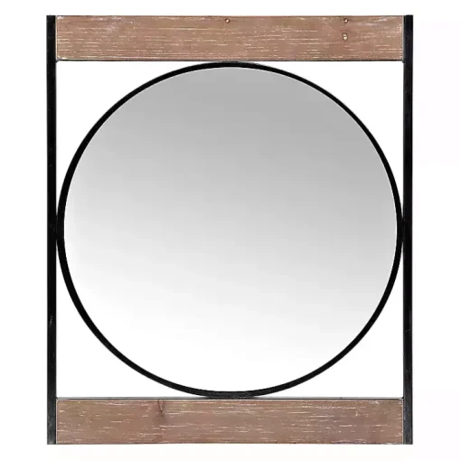 Wood and Metal Framed Round Industrial Mirror
