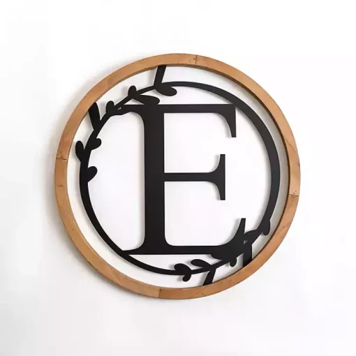 Wood and Metal Laurel Monogram E Plaque