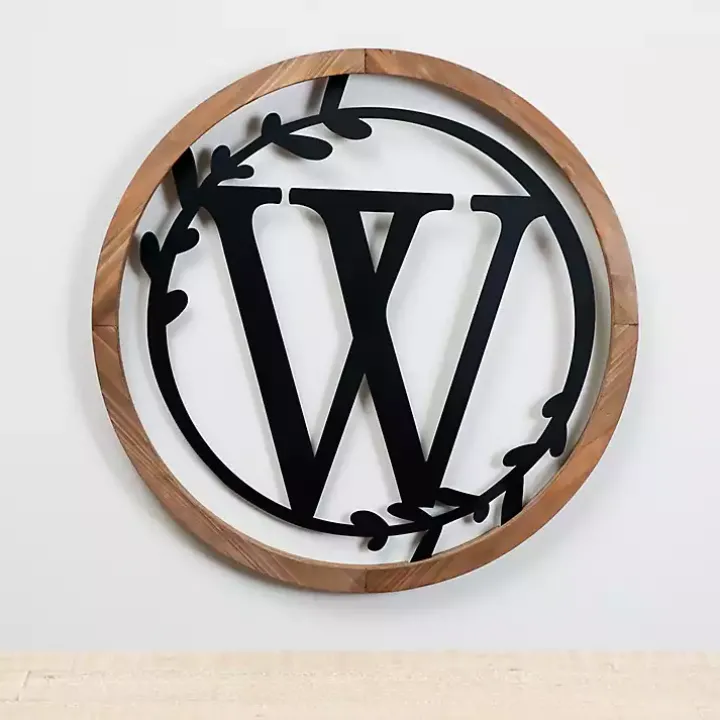 Wood and Metal Laurel Monogram W Plaque