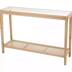 Wood Glass Top Console Table with Rattan Shelf
