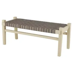 Woven Brown Leather Natural Wood Bench