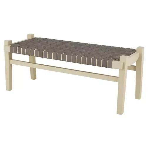Woven Brown Leather Natural Wood Bench