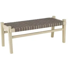 Woven Brown Leather Natural Wood Bench