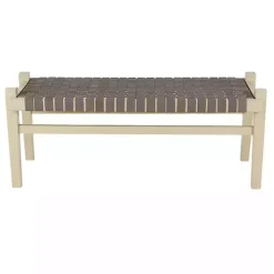 Woven Brown Leather Natural Wood Bench
