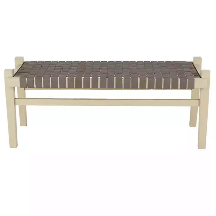 Woven Brown Leather Natural Wood Bench