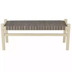 Woven Brown Leather Natural Wood Bench